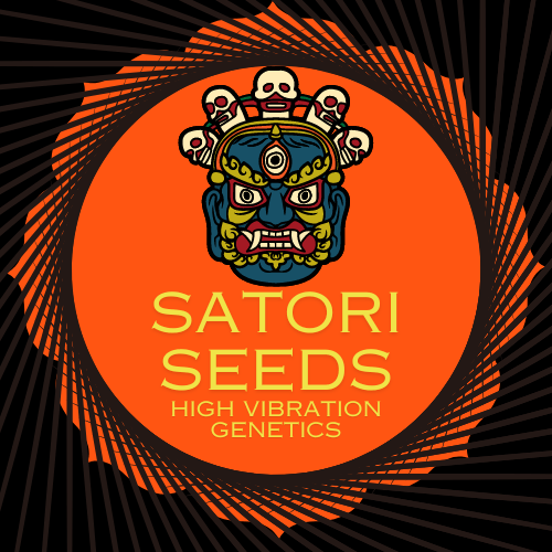 Logo de Satori Seeds : masque de démon tibétain sur un disque orange, inscription « High Vibration Genetics »