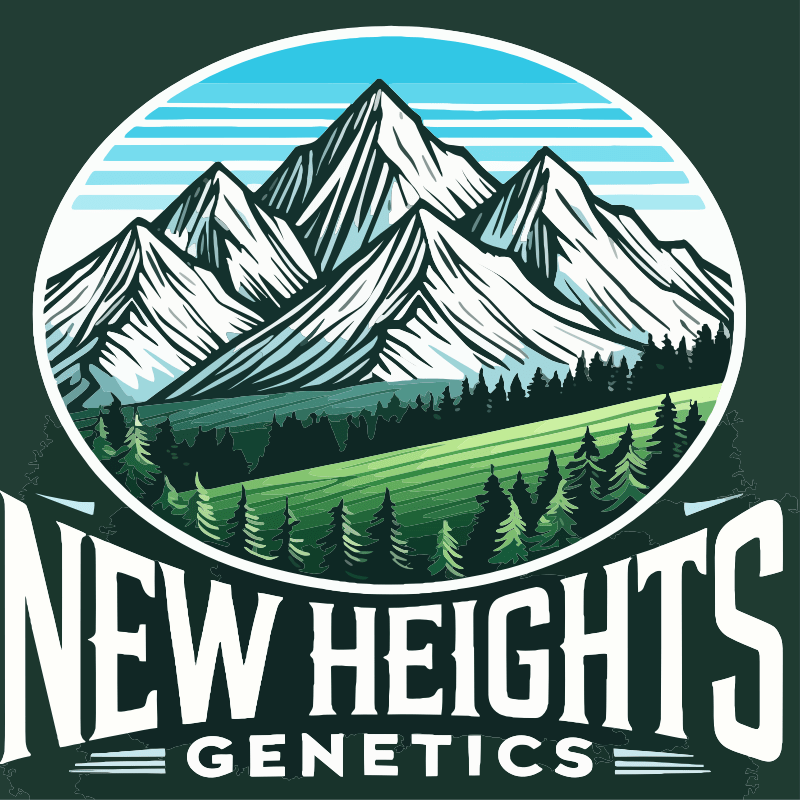 Logo de New Heights Genetics : montagnes enneigées au-dessus d’une forêt de conifères et d’une prairie verte