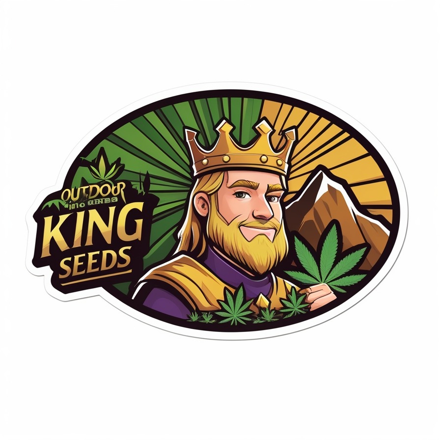 Logo d’Outdoor King Seeds : roi dessiné portant une couronne et une feuille de cannabis devant une montagne