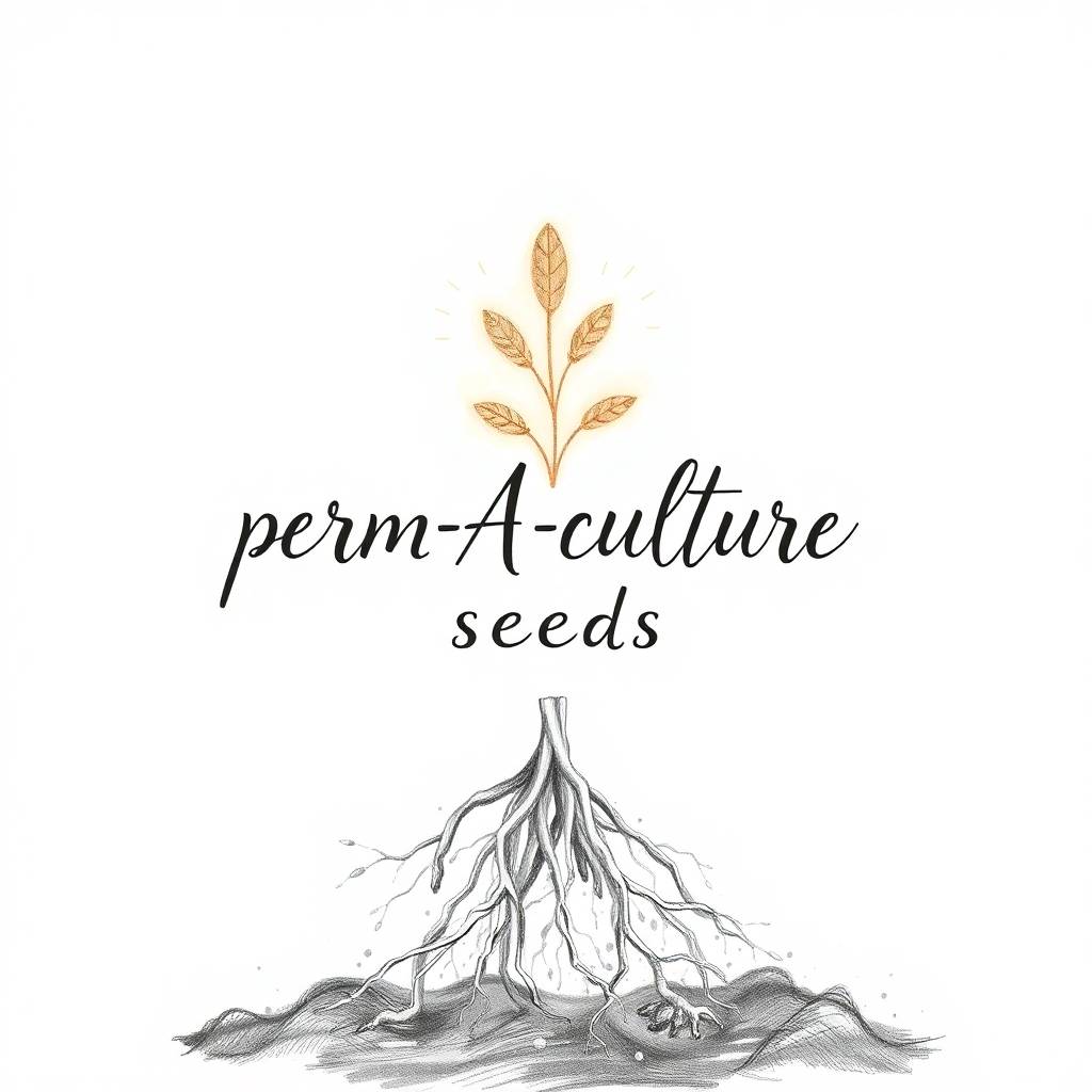 Logo de permAculture seeds : pousse dorée au-dessus de l’inscription « perm-A-culture seeds », avec des racines en dessous