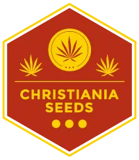 Logo de Christiania Seeds : hexagone rouge avec des feuilles de cannabis jaunes et une inscription