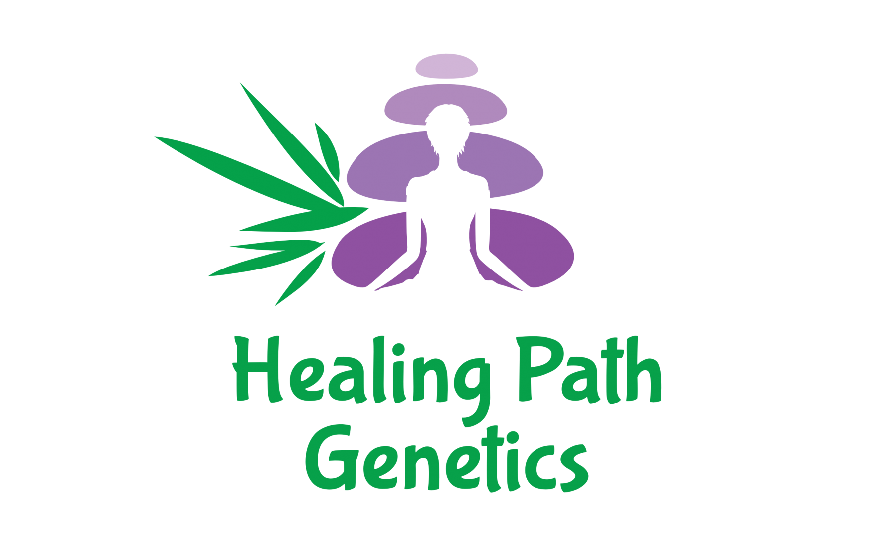 Logo de Healing Path Genetics : silhouette en méditation devant des pierres violettes empilées et une feuille de cannabis